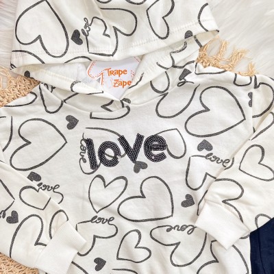 Conj. Casaco de Moletom Love com Capuz e Calça Legging Flare - Off White e Preto